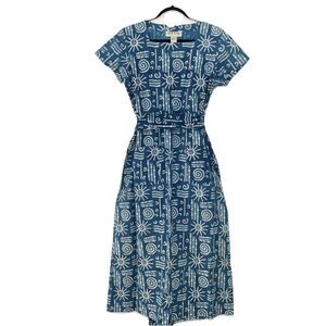 Orvis Womens 10 Dress Maxi Beachy Aztec Square Neck Pockets Blue Coastal Tribal